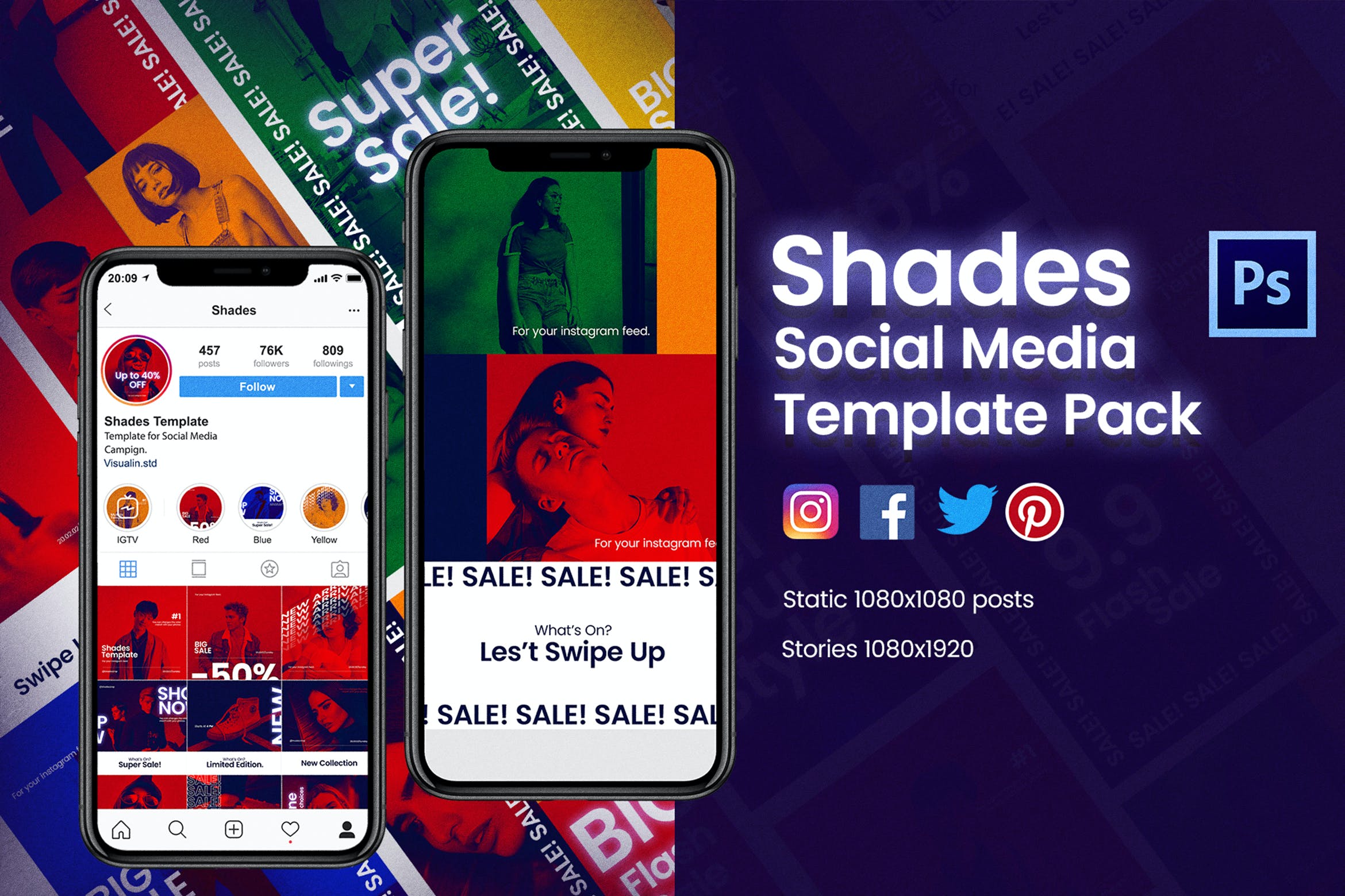 潮流撞色品牌推广新媒体海报设计模板 Shades Post + Story Social Media Template_img_2