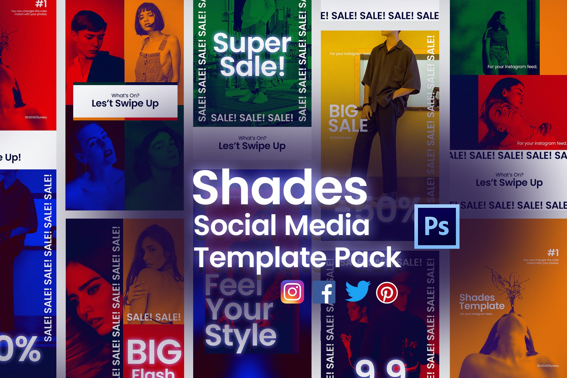 潮流撞色品牌推广新媒体海报设计模板 Shades Post + Story Social Media Template_img_2