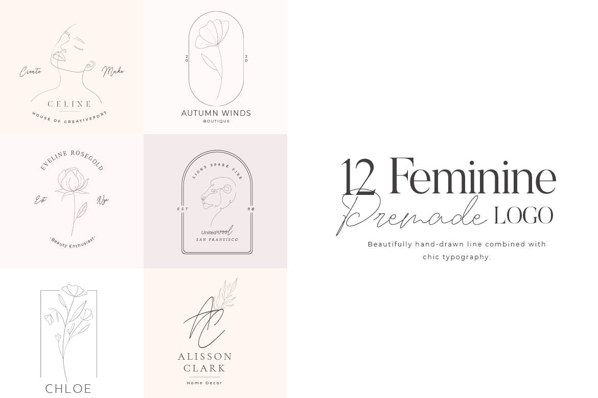 12款优美女性化线条标志徽标设计模板 Feminine Premade Logo_img_2