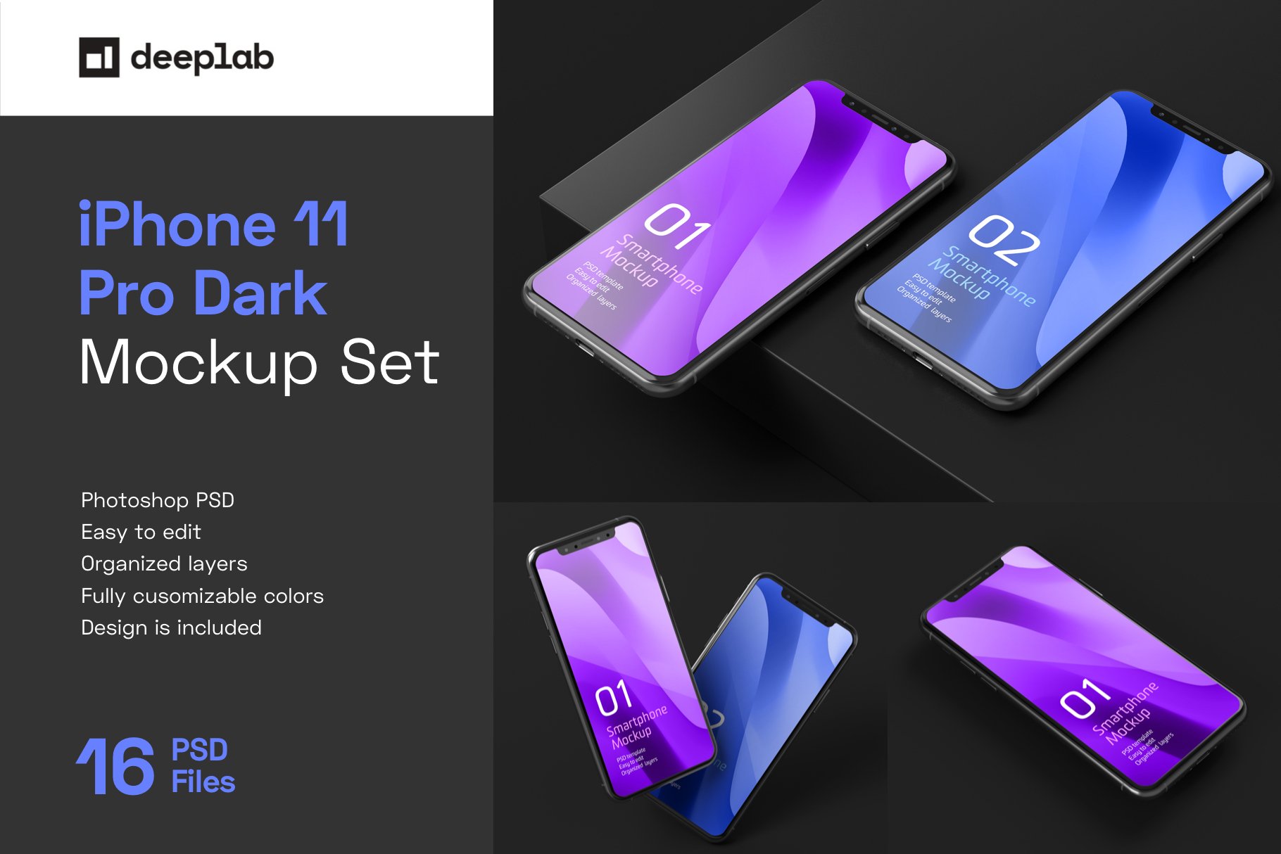 16款应用程序设计预览黑色iPhone 11 Pro屏幕演示样机模板 Dark iPhone 11 Pro Dark Mockup_img_2