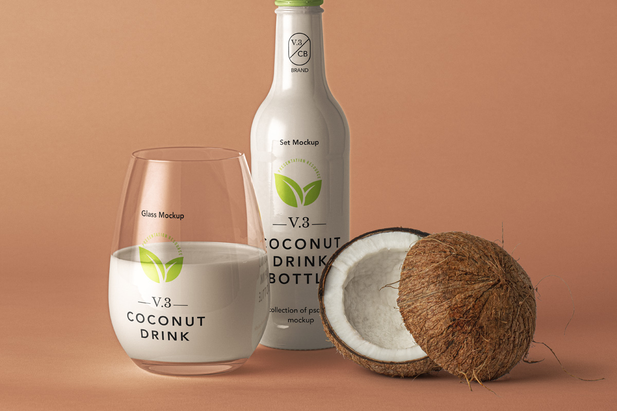 简约饮料果汁玻璃瓶设计样机PSD模板 Coconut Drink Psd Bottle Mockup_img_2