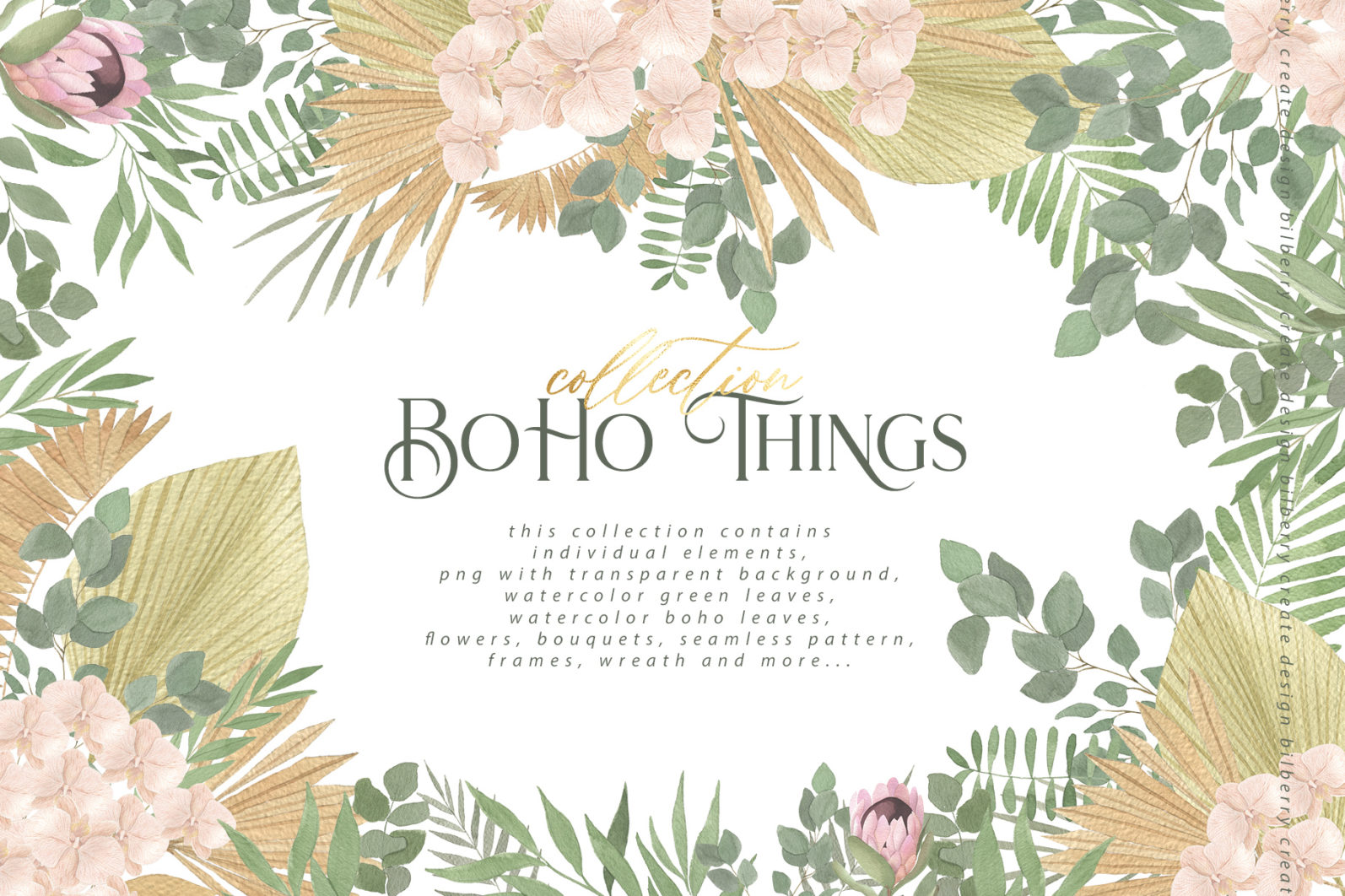 波西米亚风植物花卉水彩剪贴画素材 Boho Things Art Collection_img_2