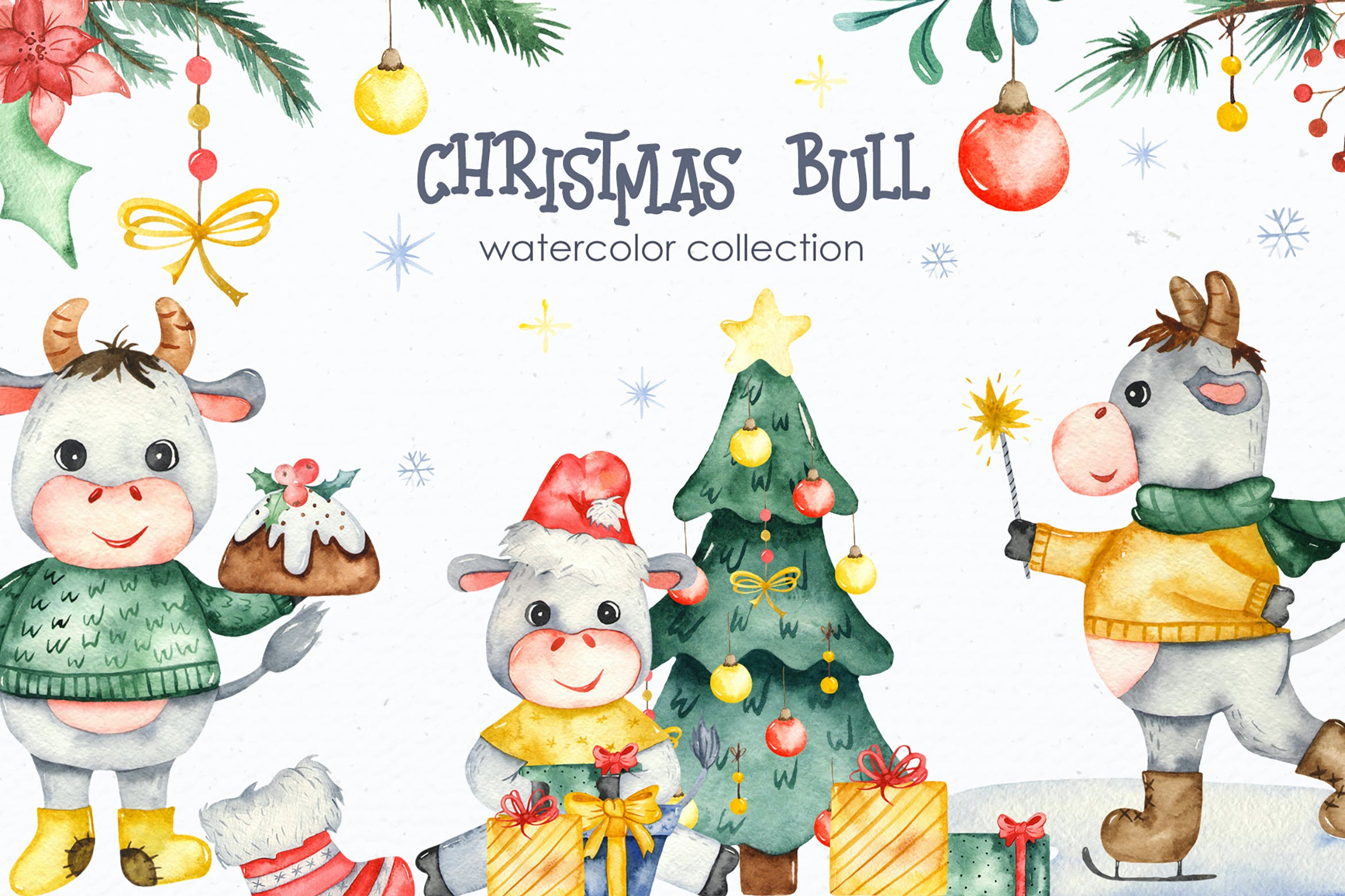 圣诞节主题手绘公牛水彩剪贴画素材 Watercolor Christmas Bulls_img_2