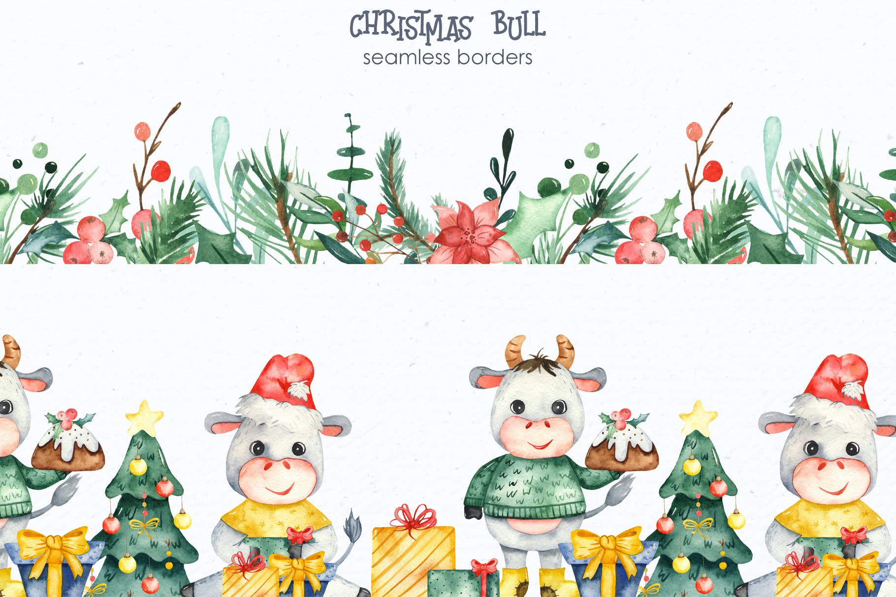 圣诞节主题手绘公牛水彩剪贴画素材 Watercolor Christmas Bulls_img_2