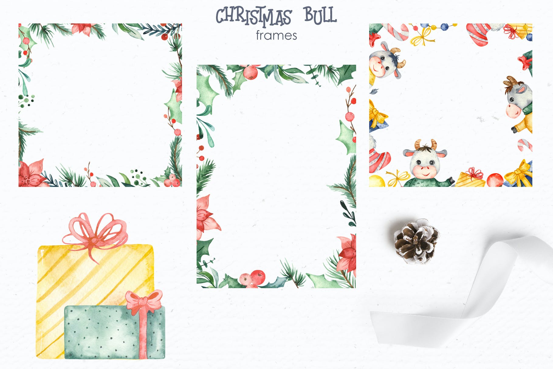 圣诞节主题手绘公牛水彩剪贴画素材 Watercolor Christmas Bulls_img_2