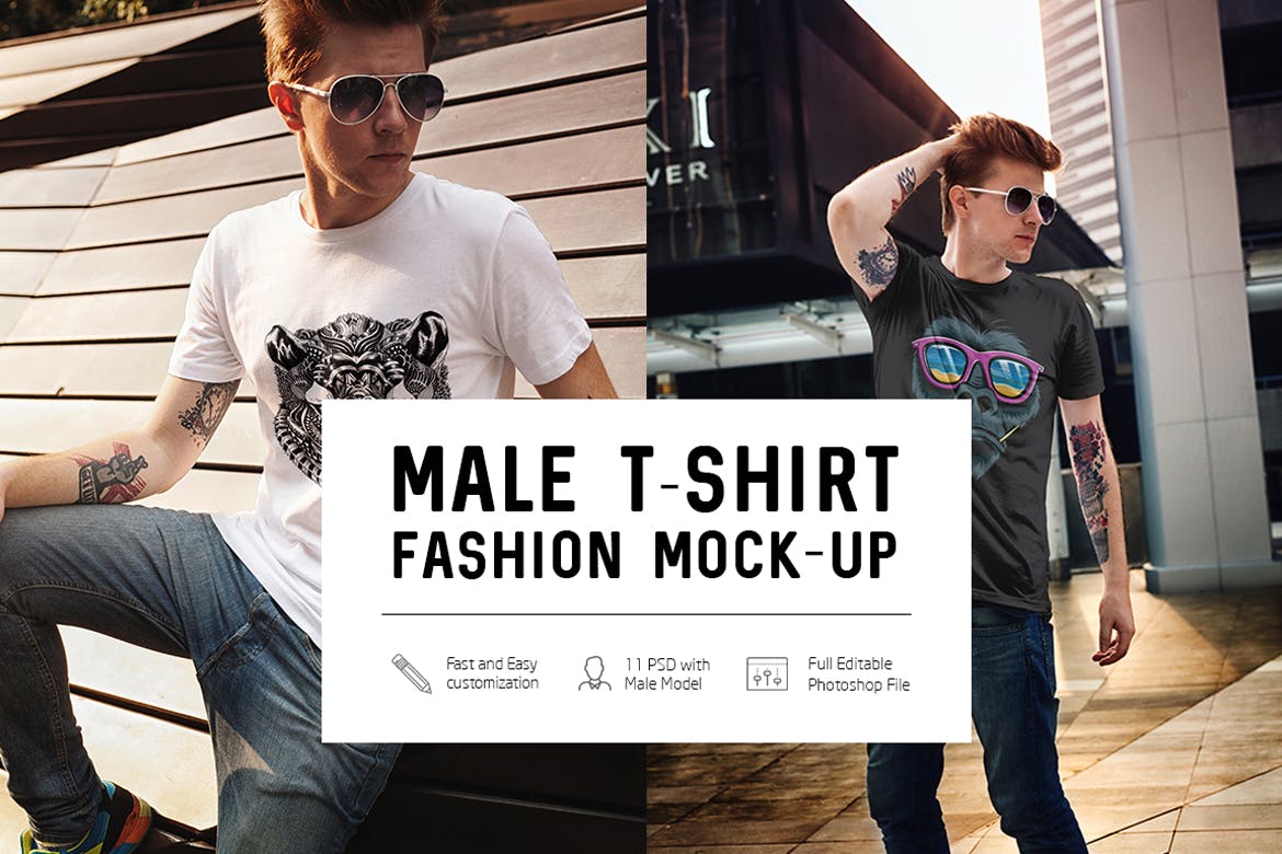 11款男士T恤半袖衫印花设计展示样机模板 Male T-Shirt Fashion Mockup_img_2