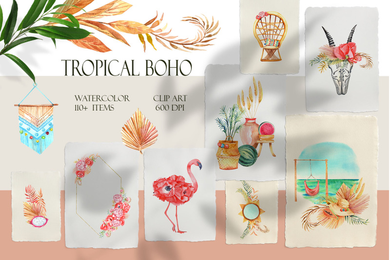 热带波西米亚风水彩剪贴画集 Tropical Boho Watercolor Clipart_img_2