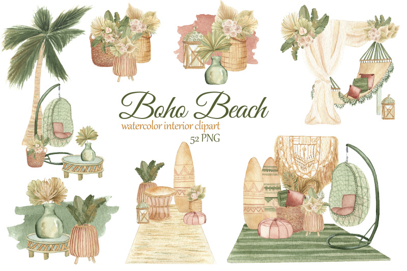 波西米亚风海滨别墅室内装饰水彩剪贴画素材 Boho Beach House Clipart_img_2