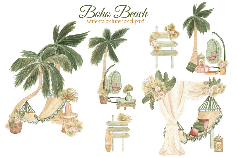 波西米亚风海滨别墅室内装饰水彩剪贴画素材 Boho Beach House Clipart_img_2