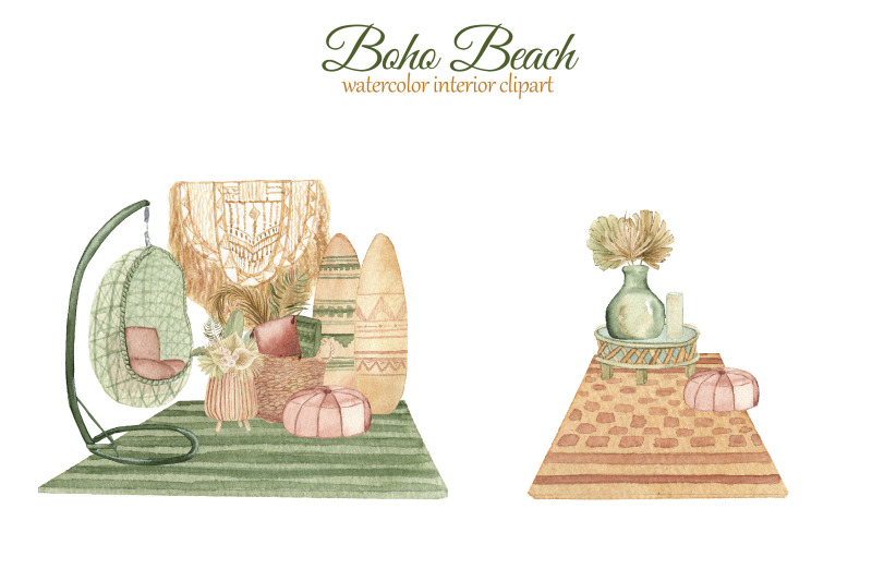 波西米亚风海滨别墅室内装饰水彩剪贴画素材 Boho Beach House Clipart_img_2