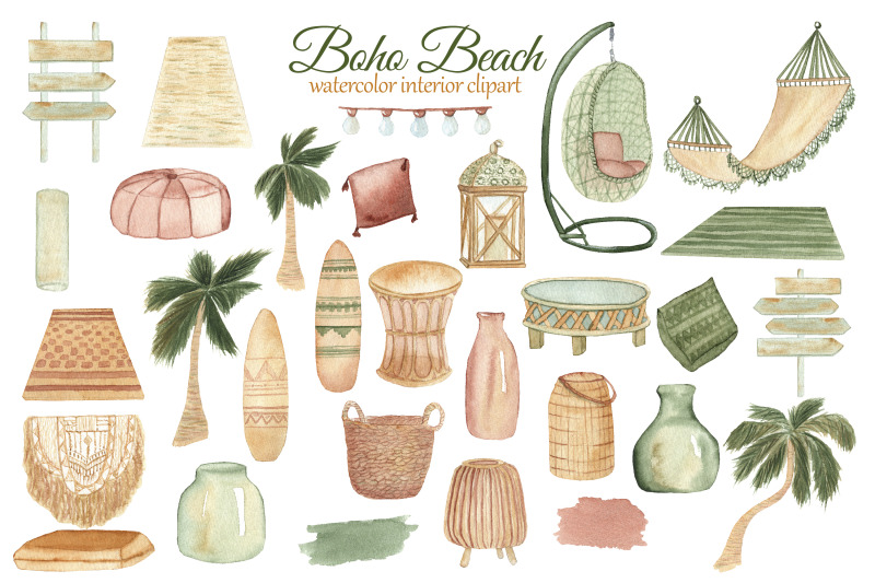 波西米亚风海滨别墅室内装饰水彩剪贴画素材 Boho Beach House Clipart_img_2