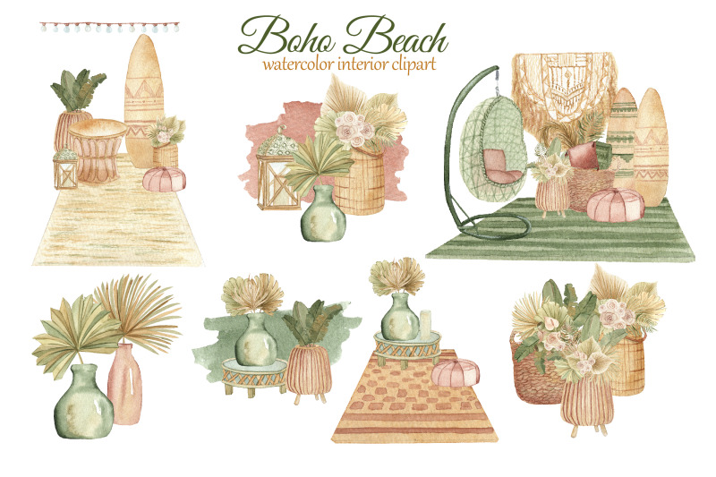 波西米亚风海滨别墅室内装饰水彩剪贴画素材 Boho Beach House Clipart_img_2