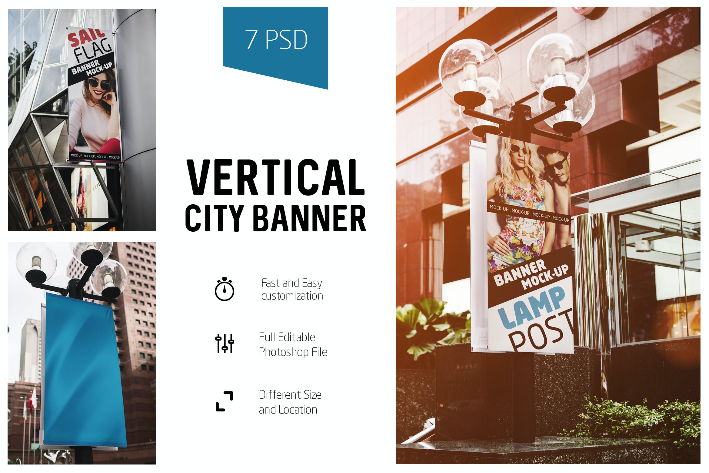 垂直城市灯柱旗帜广告设计展示样机模板 Vertical City Banner Mockup_img_2