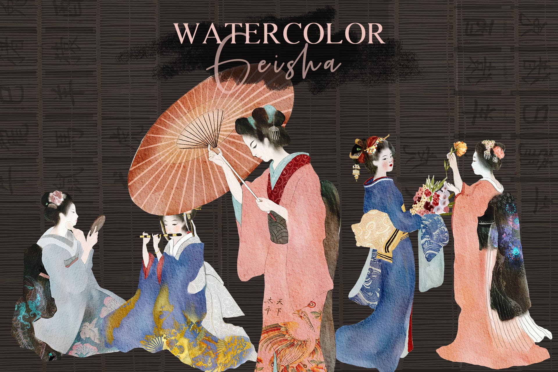 16位日本和服女士水彩插画集 Watercolor Geisha - Japanese Illustrations Set_img_2