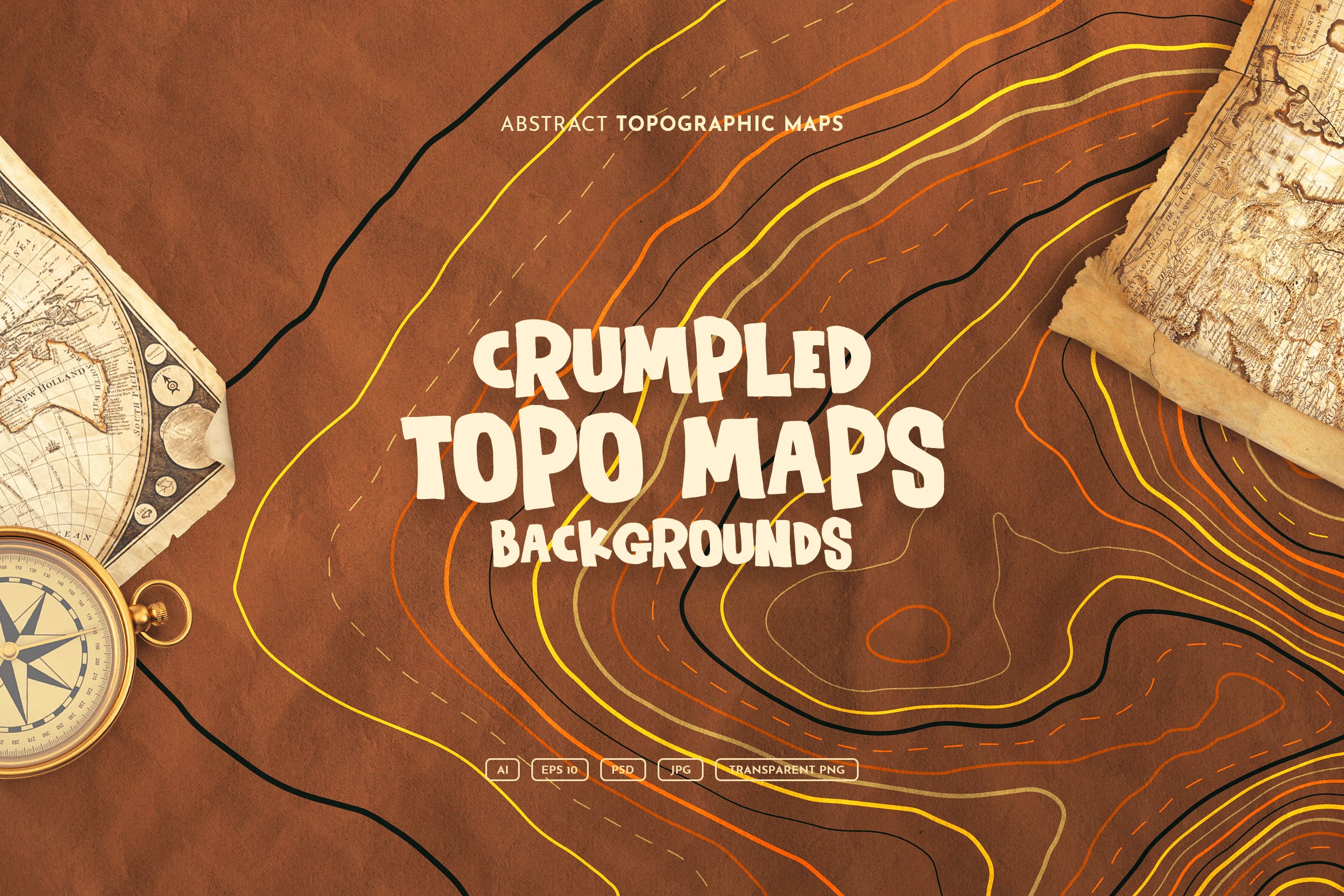 10款褶皱复古地图等高线矢量背景素材 Crumpled Topographic Map Backgrounds_img_2