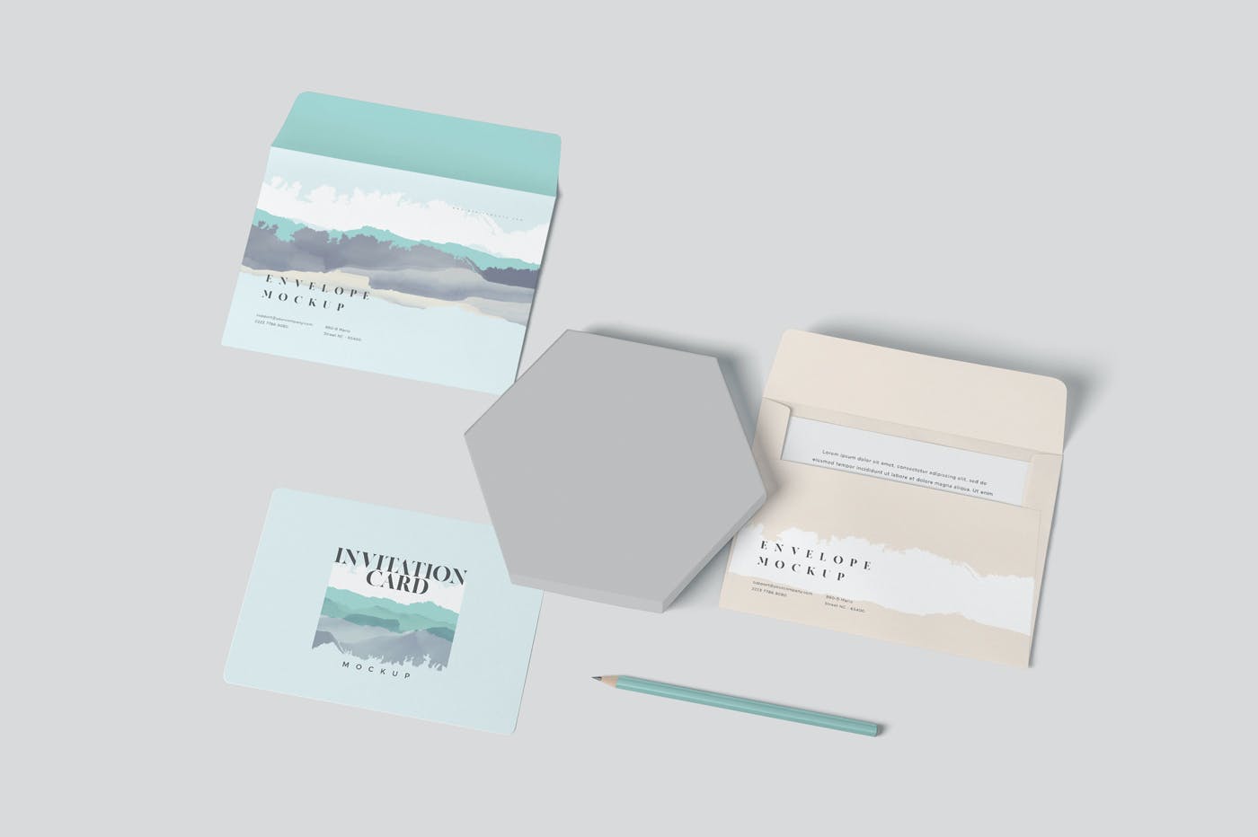 圆角矩形邀请卡信封样机模板 Round Corner Invitation Card & Envelope Mockups_img_2