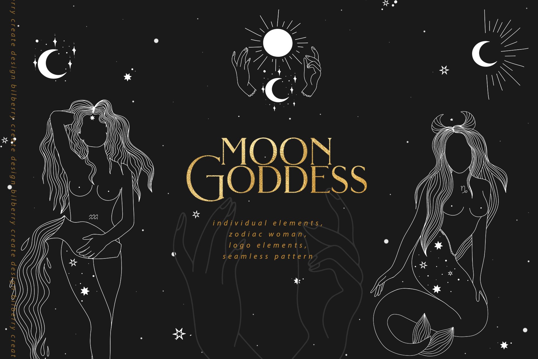 神秘月亮女生星球生肖矢量图形素材 Moon Goddess Art Set_img_2