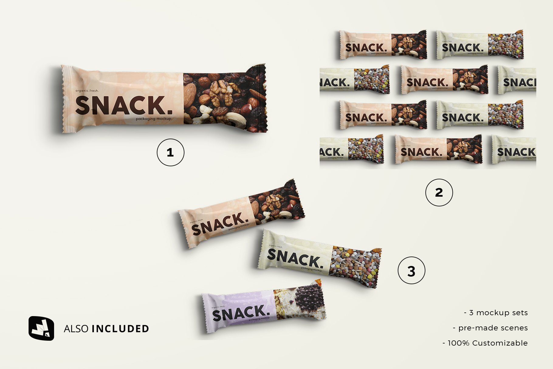 食品小零食塑料袋包装样机模板 Organic Snack Bar Packaging Mockup_img_2