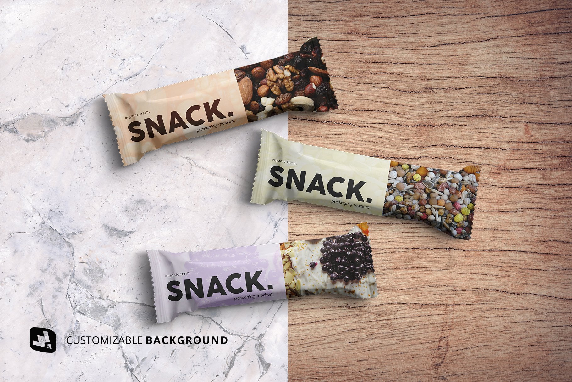 食品小零食塑料袋包装样机模板 Organic Snack Bar Packaging Mockup_img_2