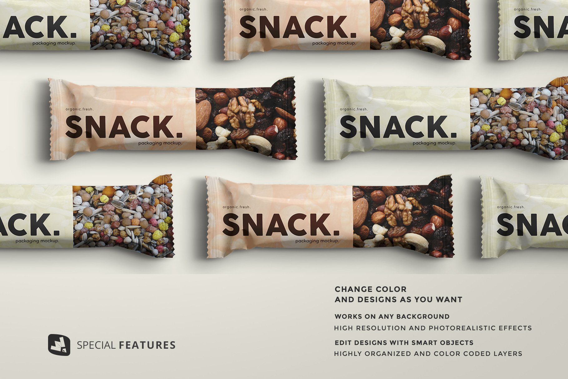 食品小零食塑料袋包装样机模板 Organic Snack Bar Packaging Mockup_img_2