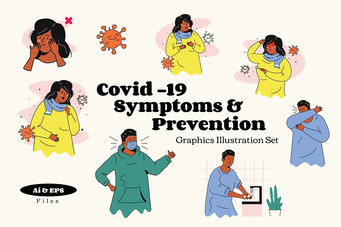 新冠病毒安全防护人物矢量插画 Covid19 Symptoms & Prevention Graphic Illustration_img_2