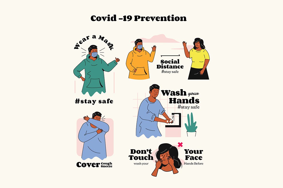 新冠病毒安全防护人物矢量插画 Covid19 Symptoms & Prevention Graphic Illustration_img_2