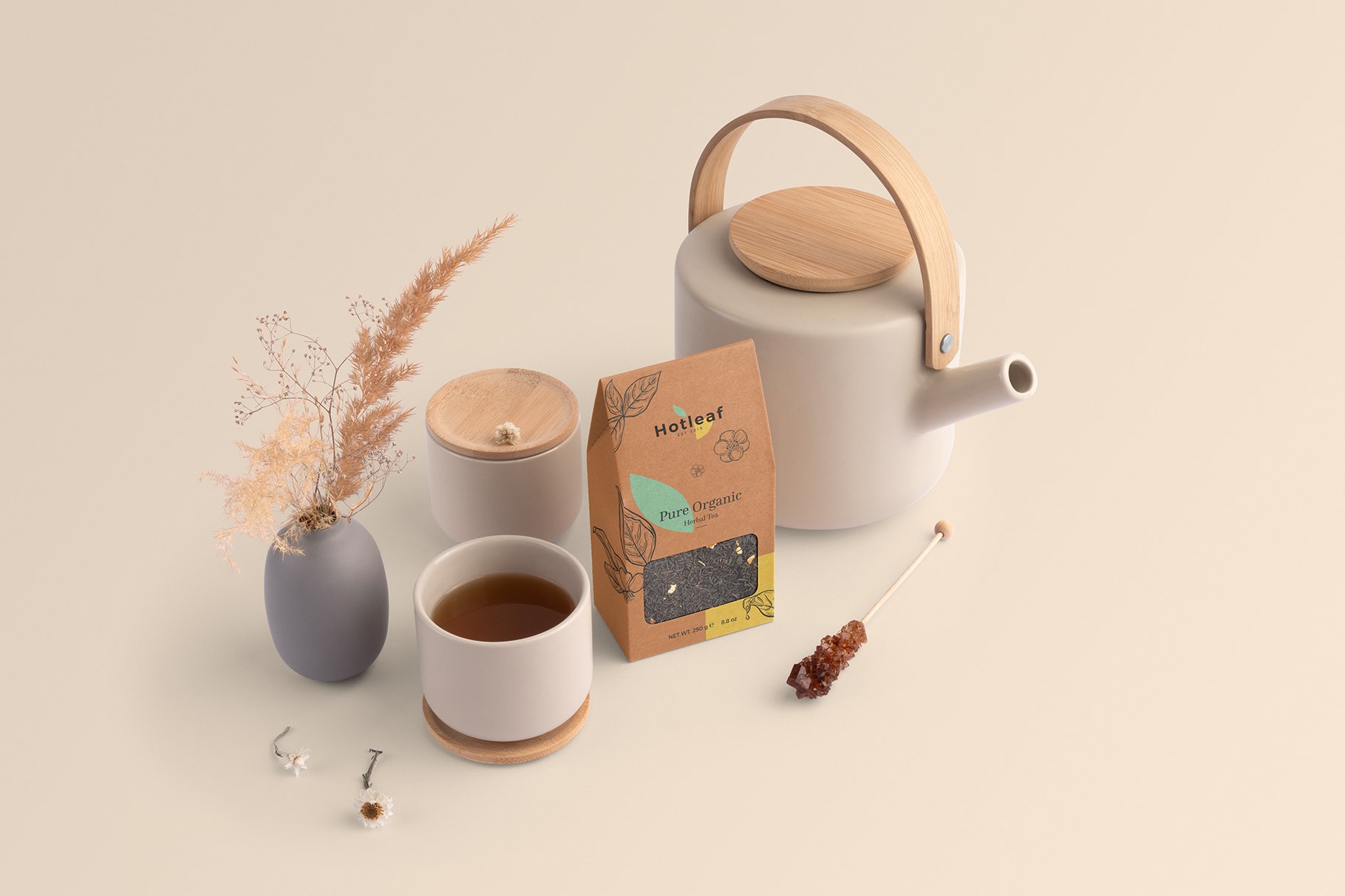 日系简约茶艺品牌文具包装PSD样机 Hotleaf – Teahouse Branding Mockups_img_2