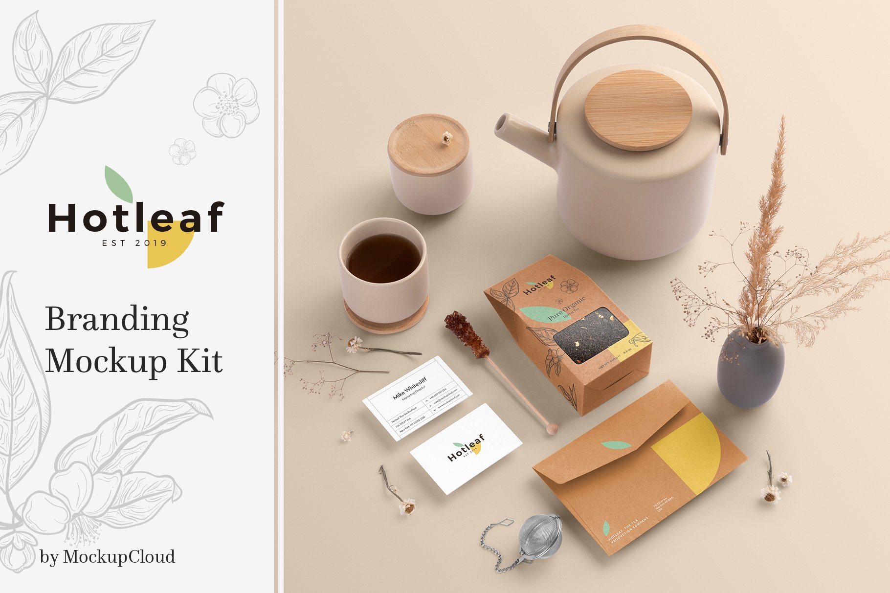 日系简约茶艺品牌文具包装PSD样机 Hotleaf – Teahouse Branding Mockups_img_2