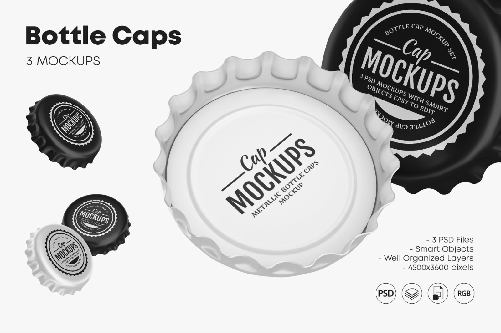 啤酒汽水瓶盖样机模板 Metallic Bottle Caps Mockup Set_img_2