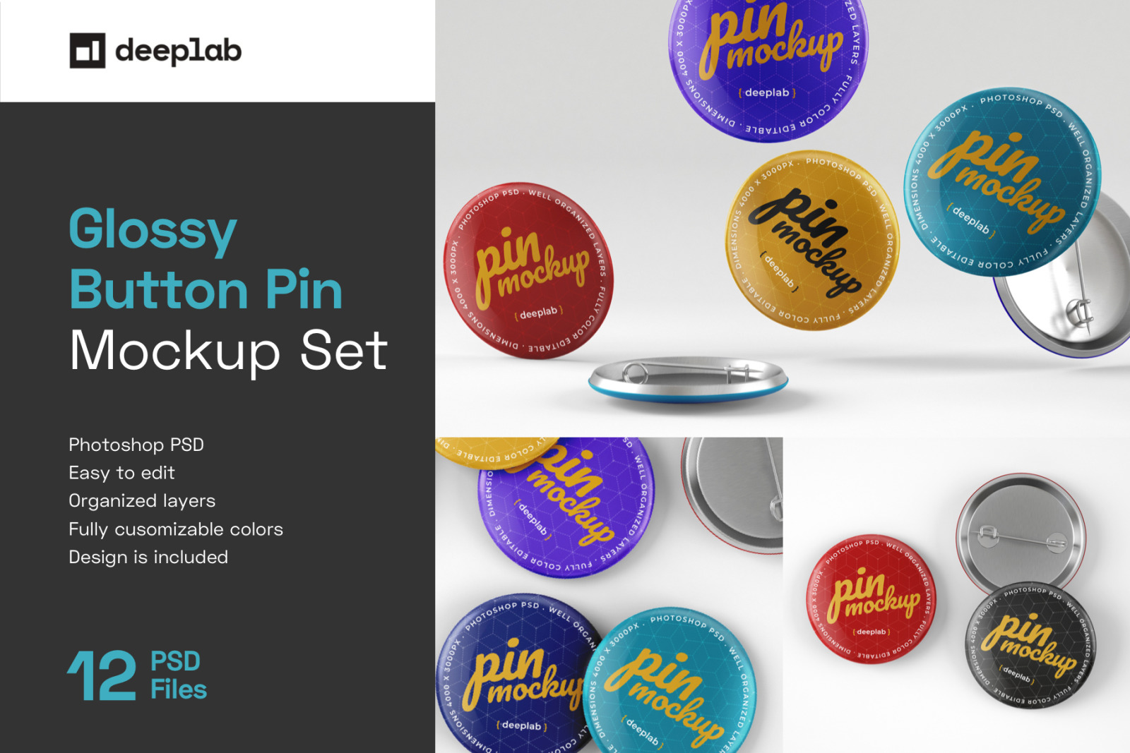 12款胸针徽章展示PSD样机 Glossy Button Pin Mockup Set_img_2