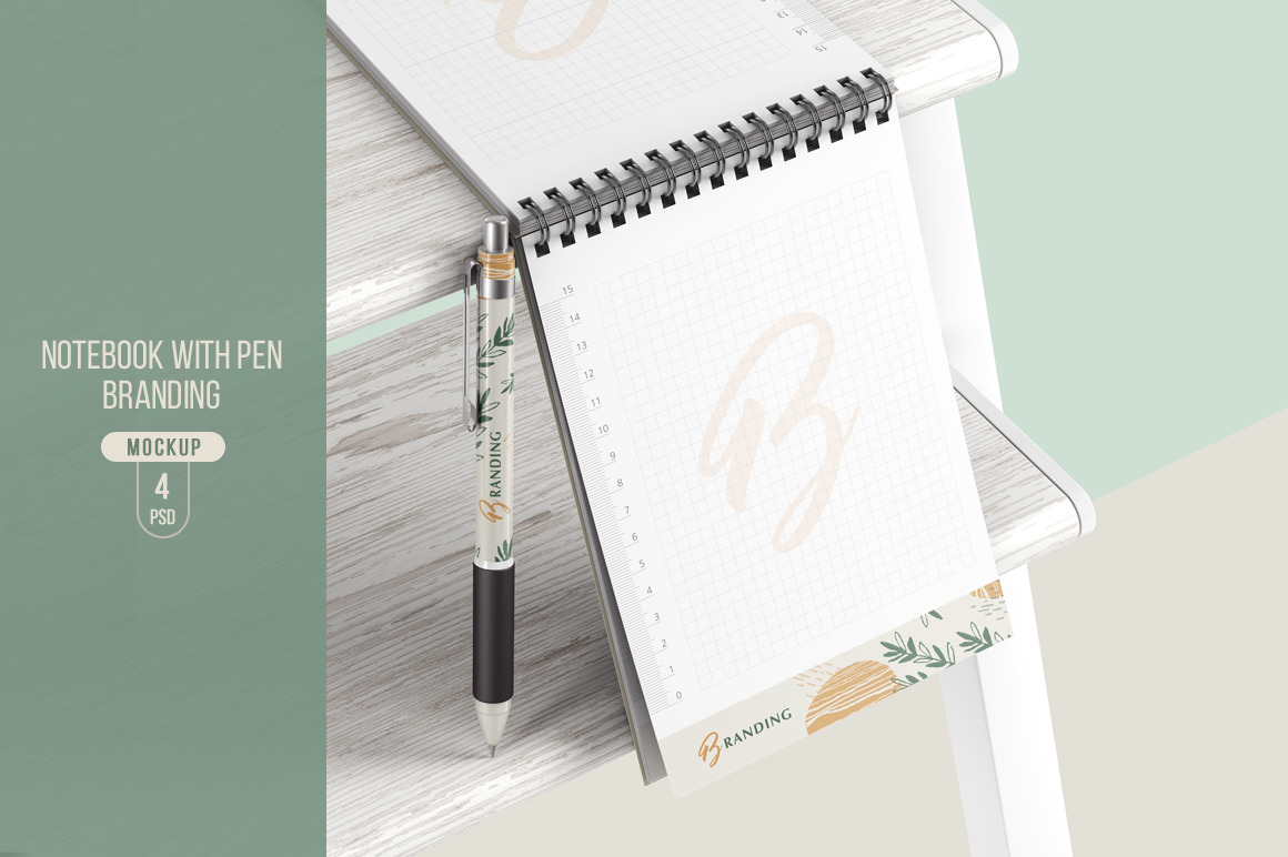 带螺旋笔记本展示样机 Notebook With Pen Branding Mockup_img_2