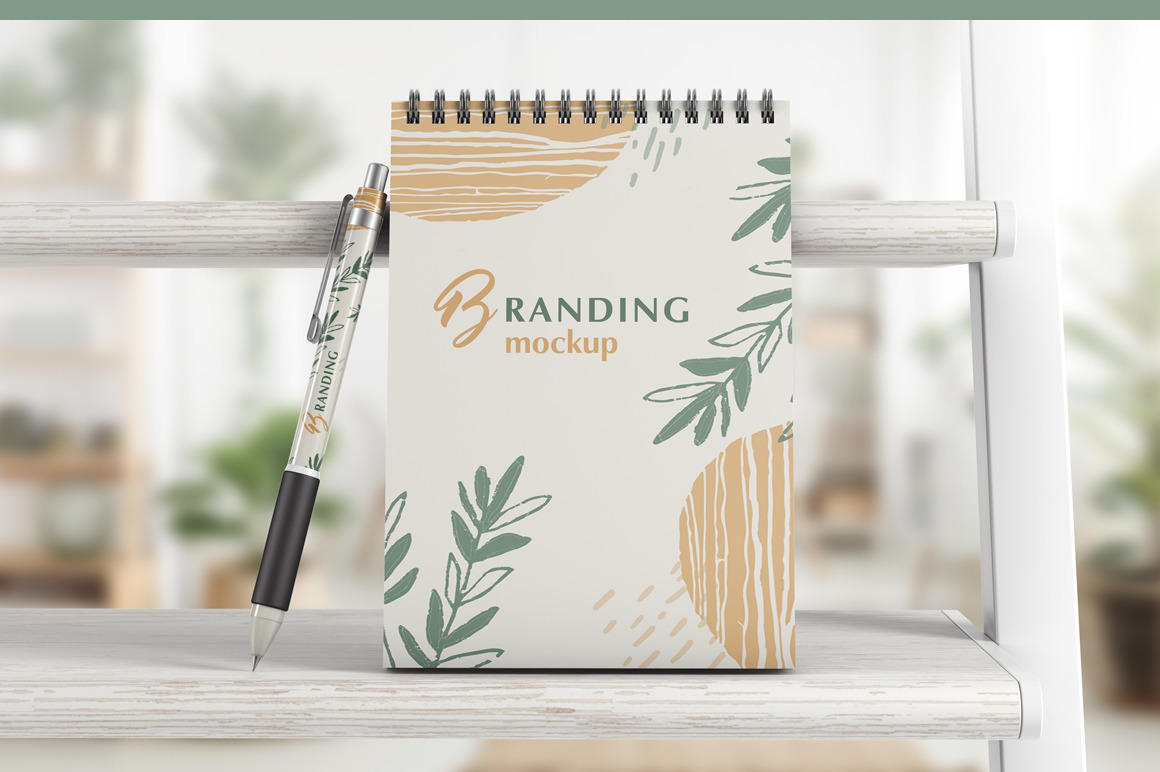 带螺旋笔记本展示样机 Notebook With Pen Branding Mockup_img_2