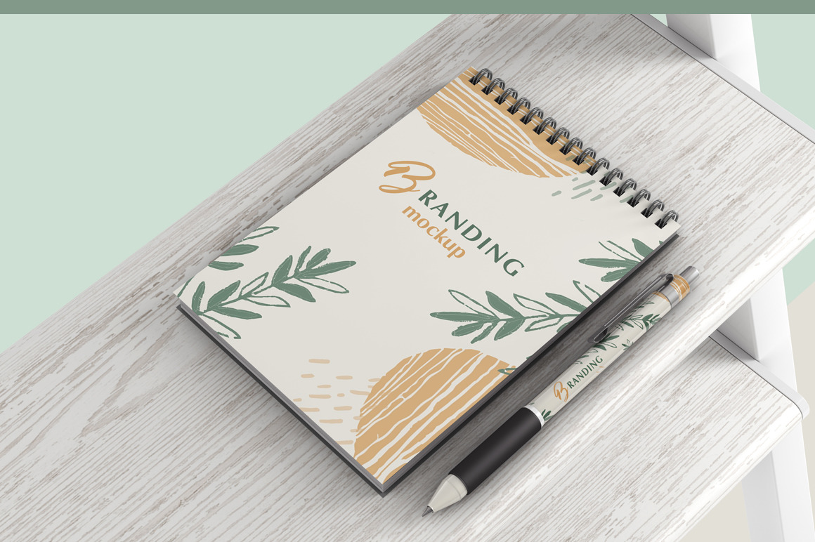 带螺旋笔记本展示样机 Notebook With Pen Branding Mockup_img_2