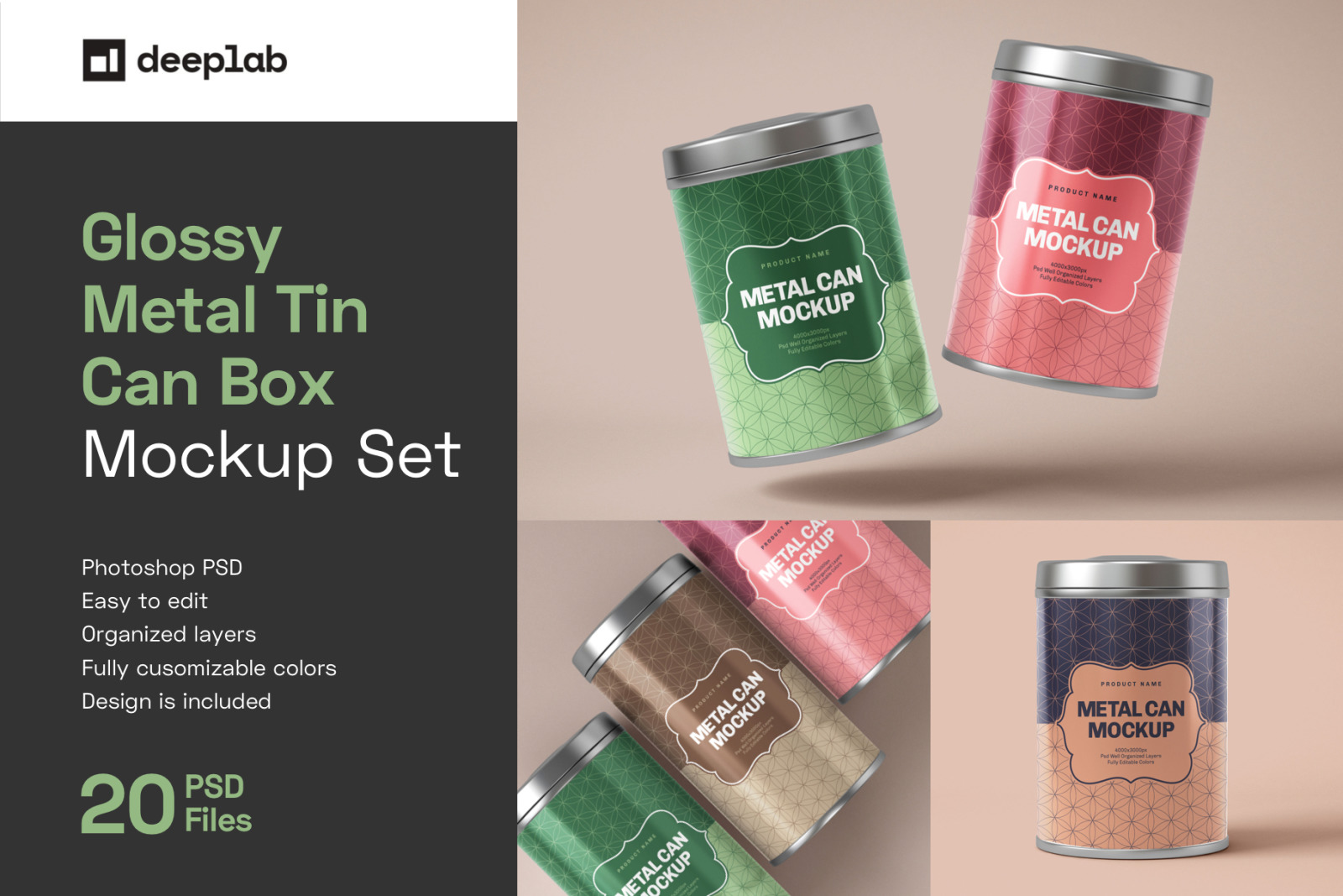 20款茶叶食品金属罐样机模板 Glossy Round Tin Can Box Mockup Set_img_2