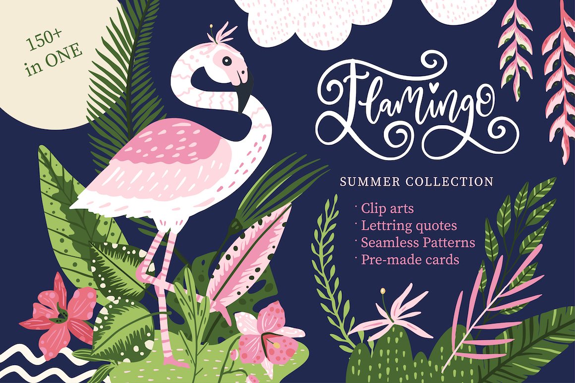 夏季火烈鸟主题插画纹理海报素材包 Flamingo. Big Summer Collection_img_2