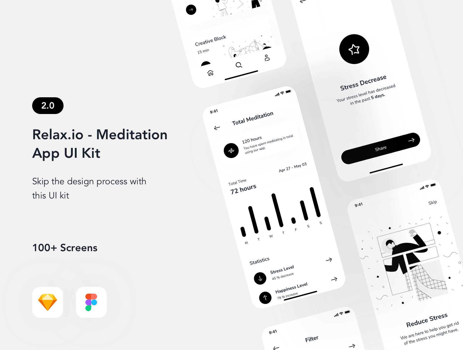 100+膳食健身瑜伽APP应用UI界面设计模板套件 Relax.io 2.0 - Meditation App UI Kit_img_2