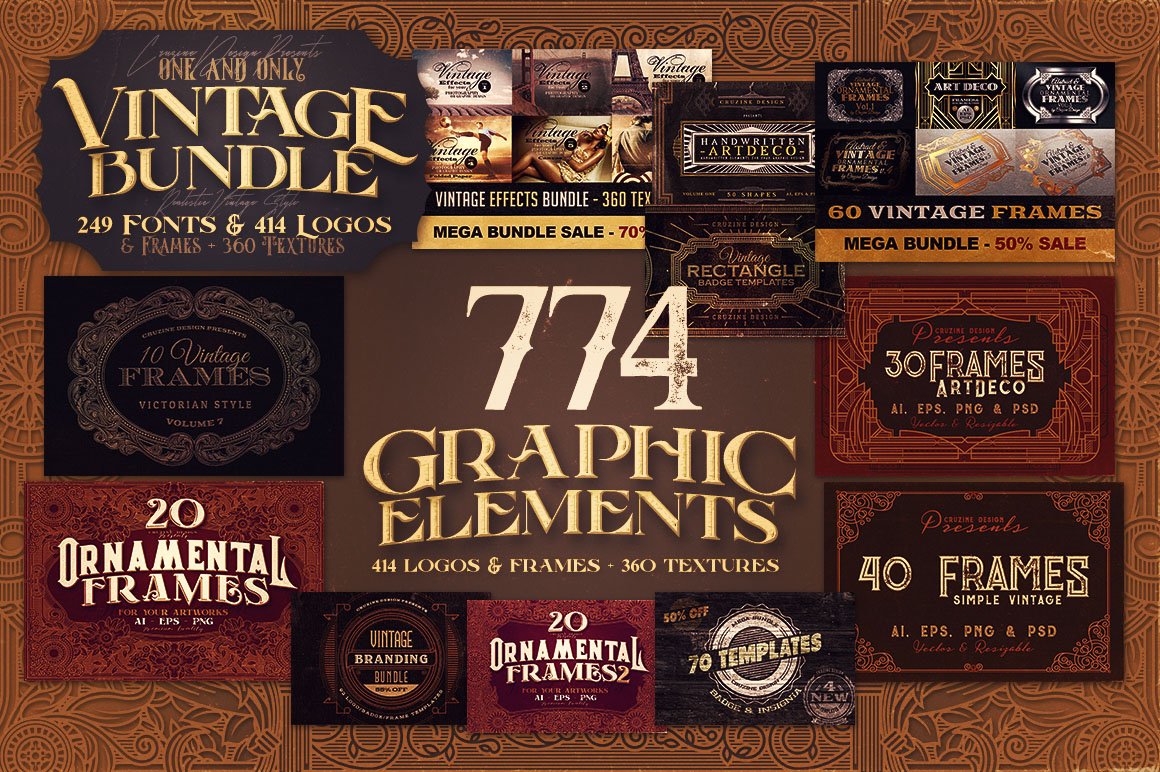 1023个复古徽标字体纹理素材合集 Vintage Bundle 249 Fonts & 414 Logos_img_2