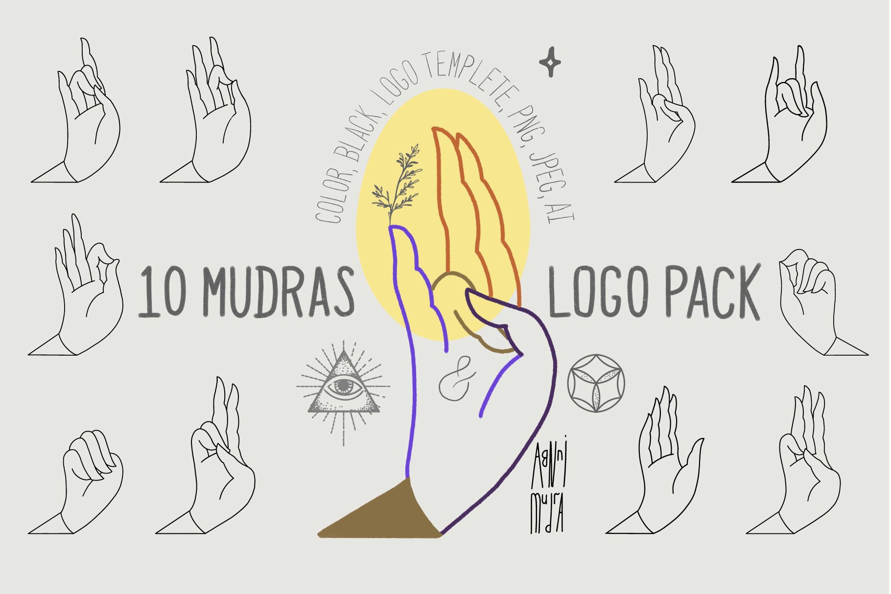 10款瑜伽手势元素矢量插画素材 10 Mudras & Logo Pack_img_2