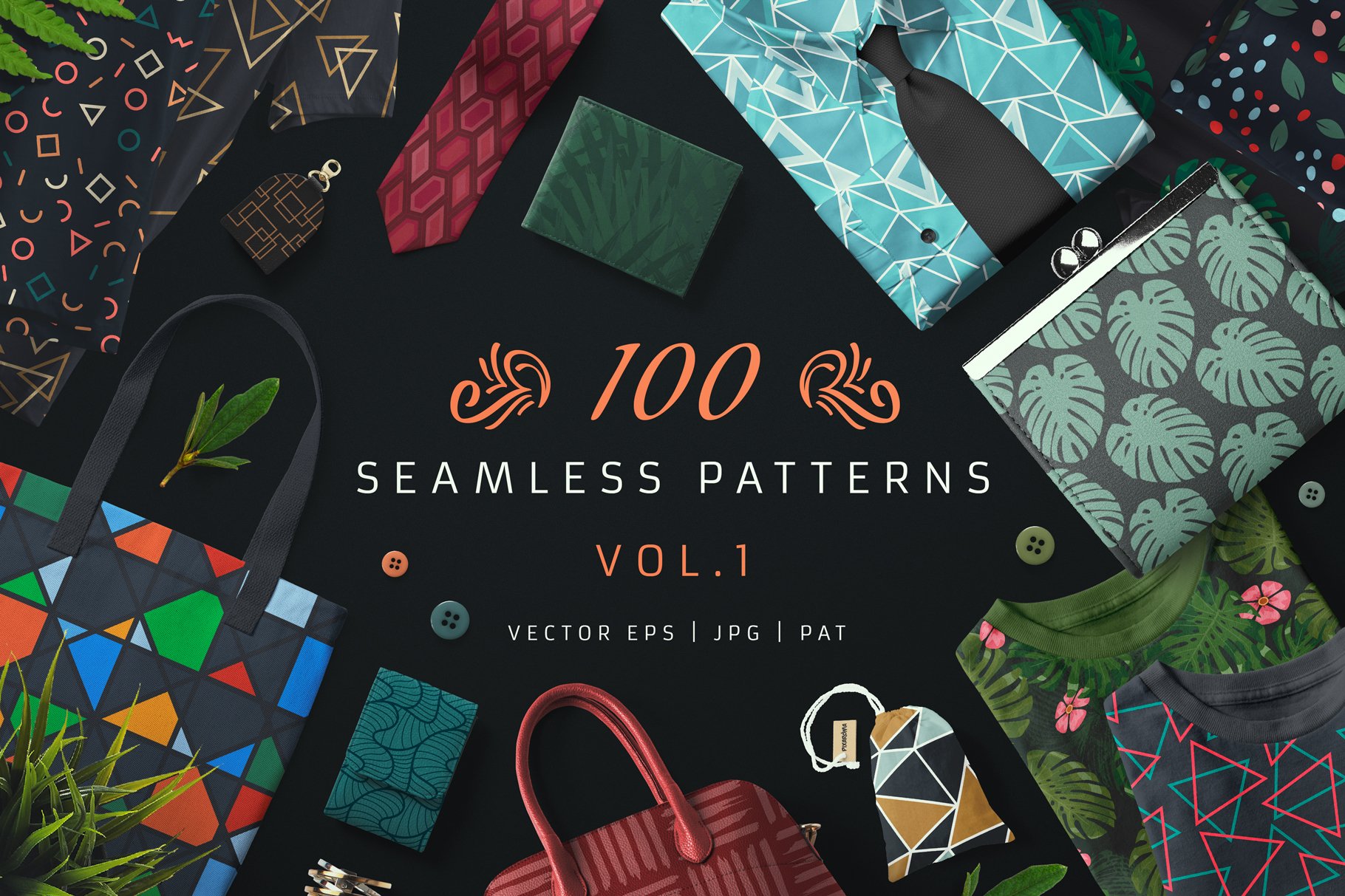 100款无缝隙几何建筑动物叶子矢量图形 100 Seamless Patterns Vol.1_img_2