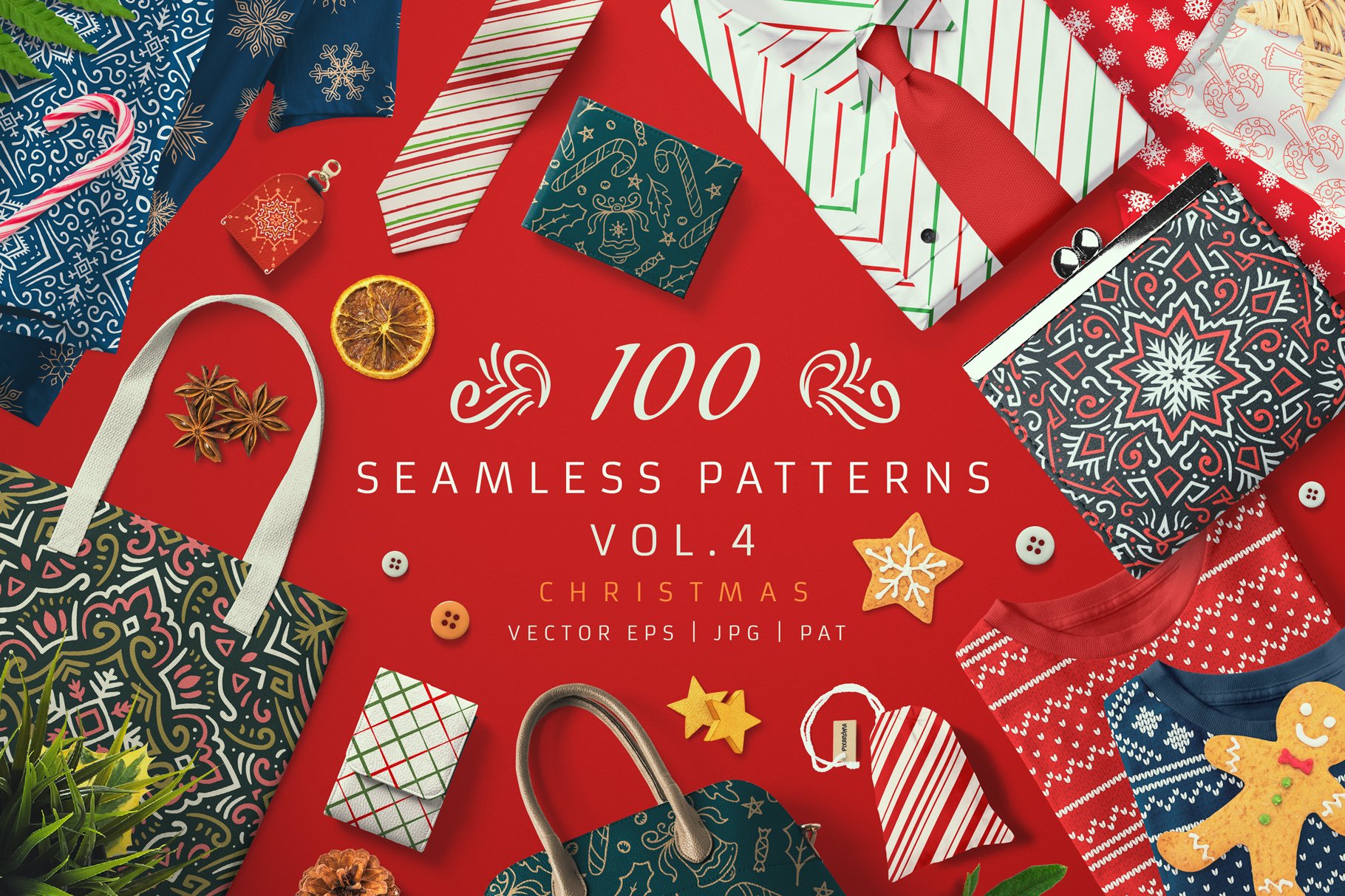 100款圣诞节花卉涂鸦矢量图形 100 Seamless Patterns Vol.4 Xmas_img_2