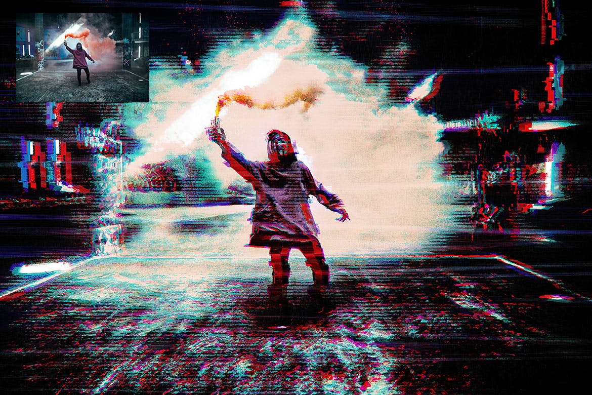 扭曲毛刺故障风照片后期处理PS动作 VHS Glitch Photoshop Action_img_2