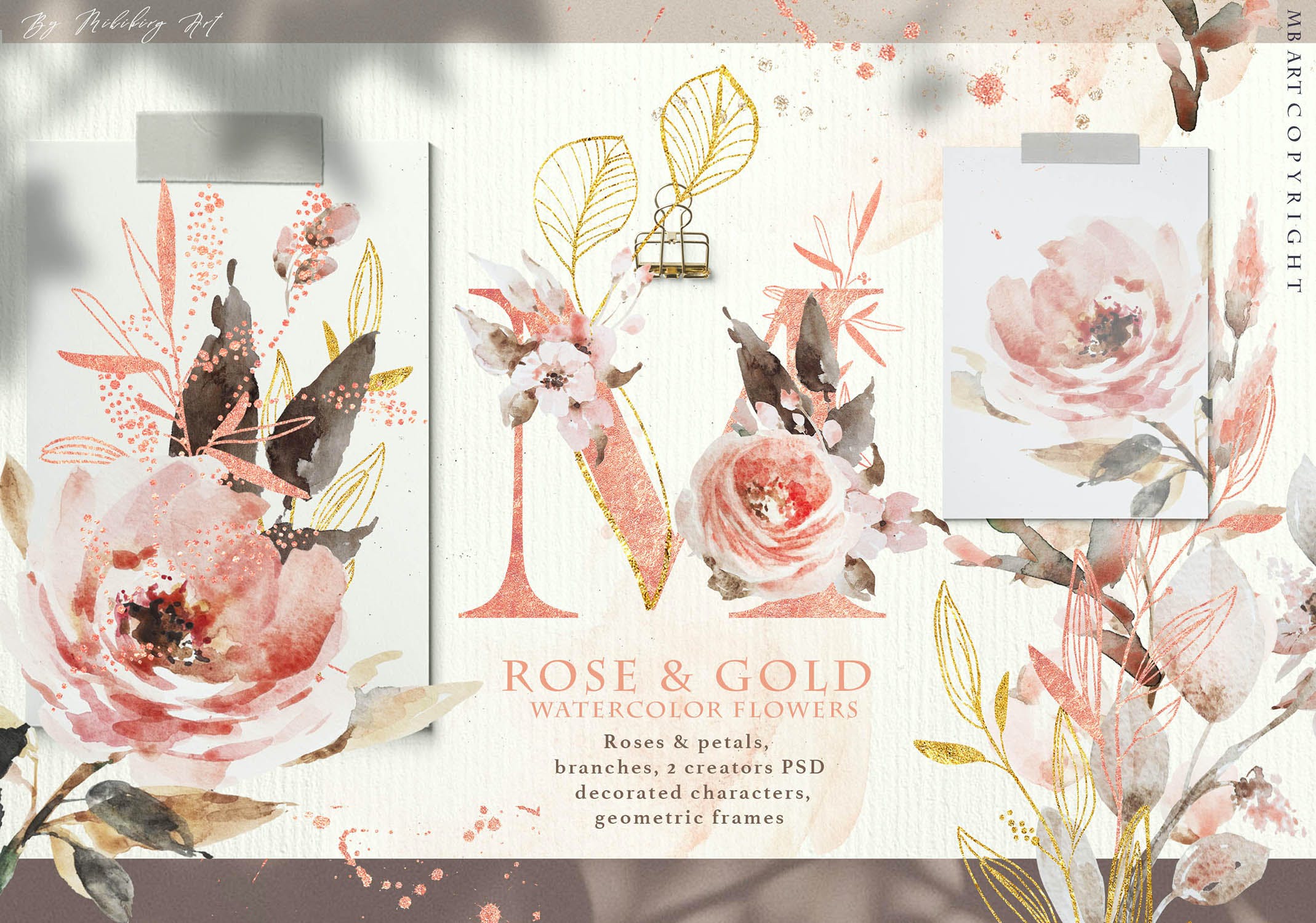 清新玫瑰金色花卉树枝字符水彩剪贴画 Rose Gold Arrangements_img_2