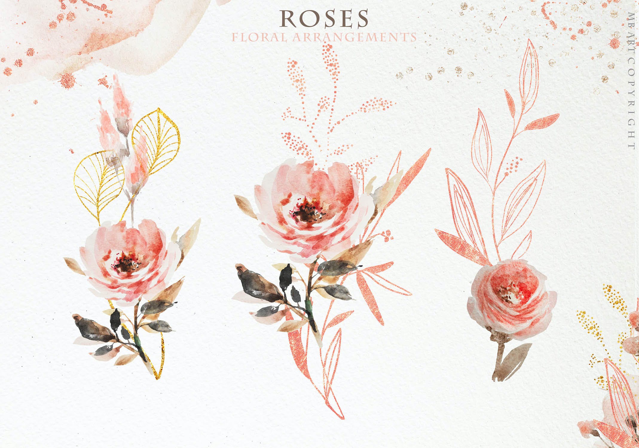 清新玫瑰金色花卉树枝字符水彩剪贴画 Rose Gold Arrangements_img_2