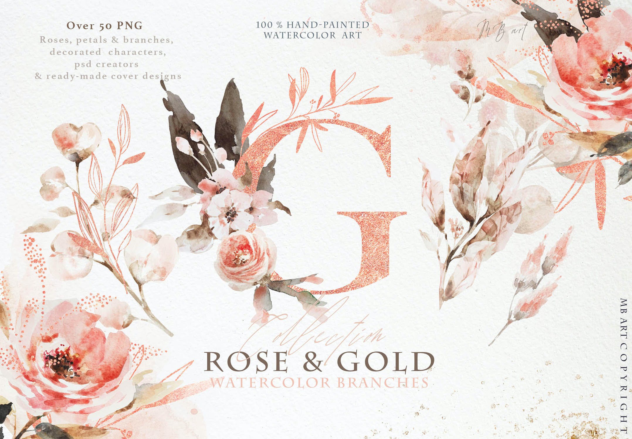 清新玫瑰金色花卉树枝字符水彩剪贴画 Rose Gold Arrangements_img_2