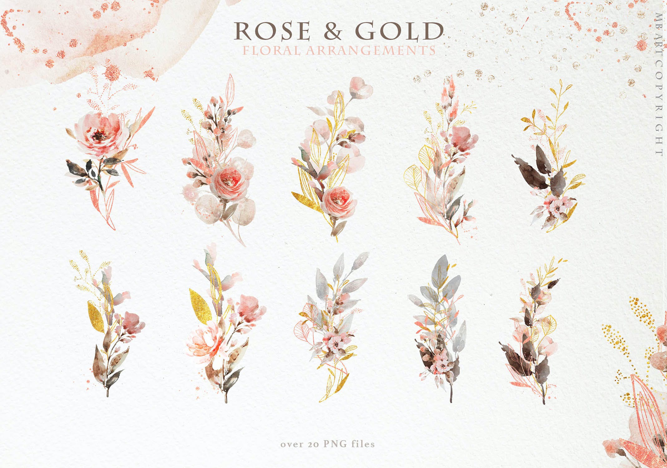 清新玫瑰金色花卉树枝字符水彩剪贴画 Rose Gold Arrangements_img_2