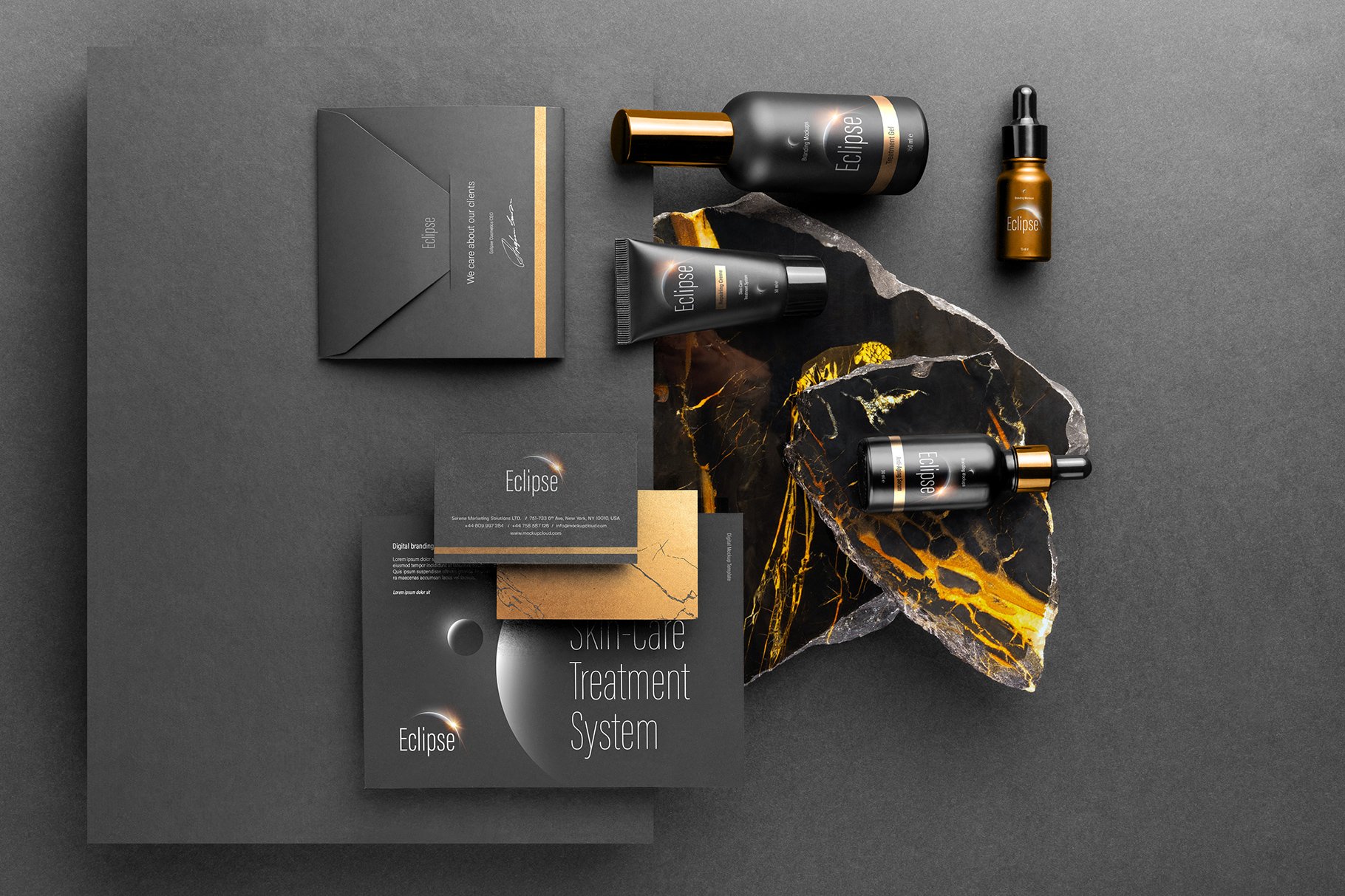 20款暗黑化妆品品牌包装办公用品样机模板 Eclipse – Cosmetics Branding Mockups_img_2