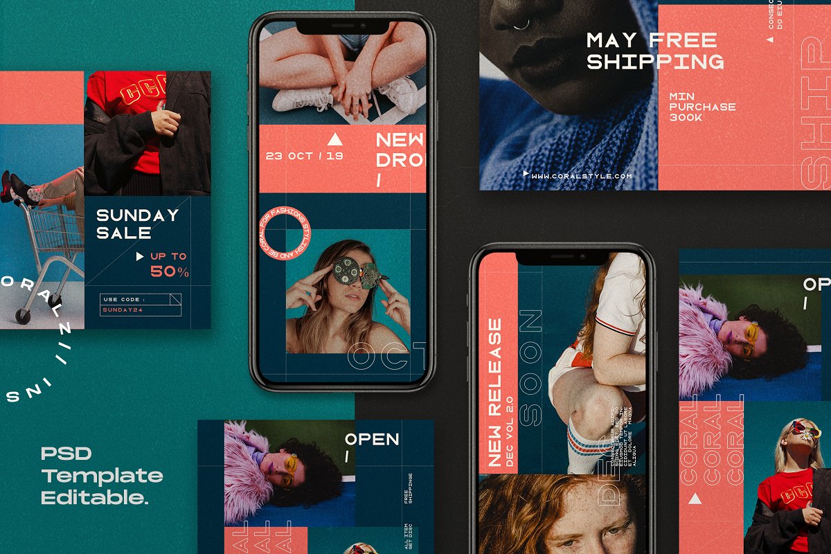 潮流品牌推广社交新媒体海报模板 CORALZ - Social Media Template + Storis_img_2