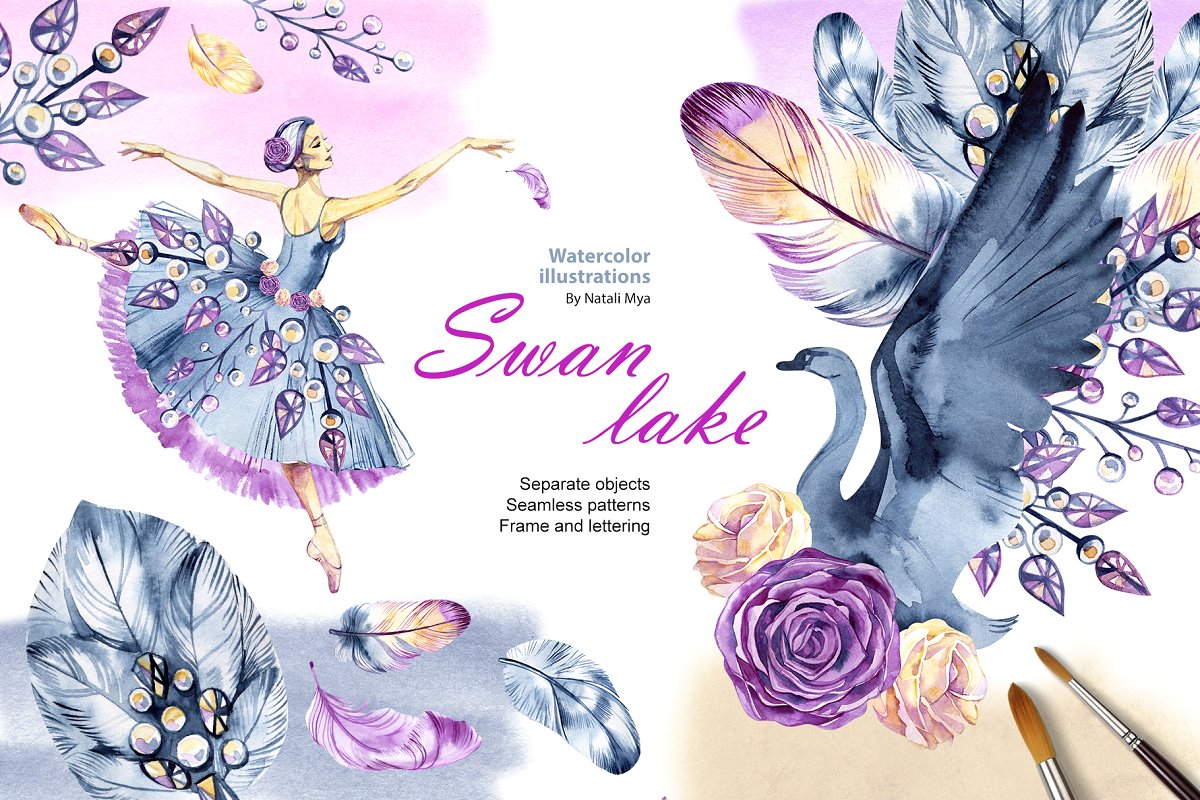 42种芭蕾舞女演员元素手绘水彩插画 Watercolor Swan Lake_img_2