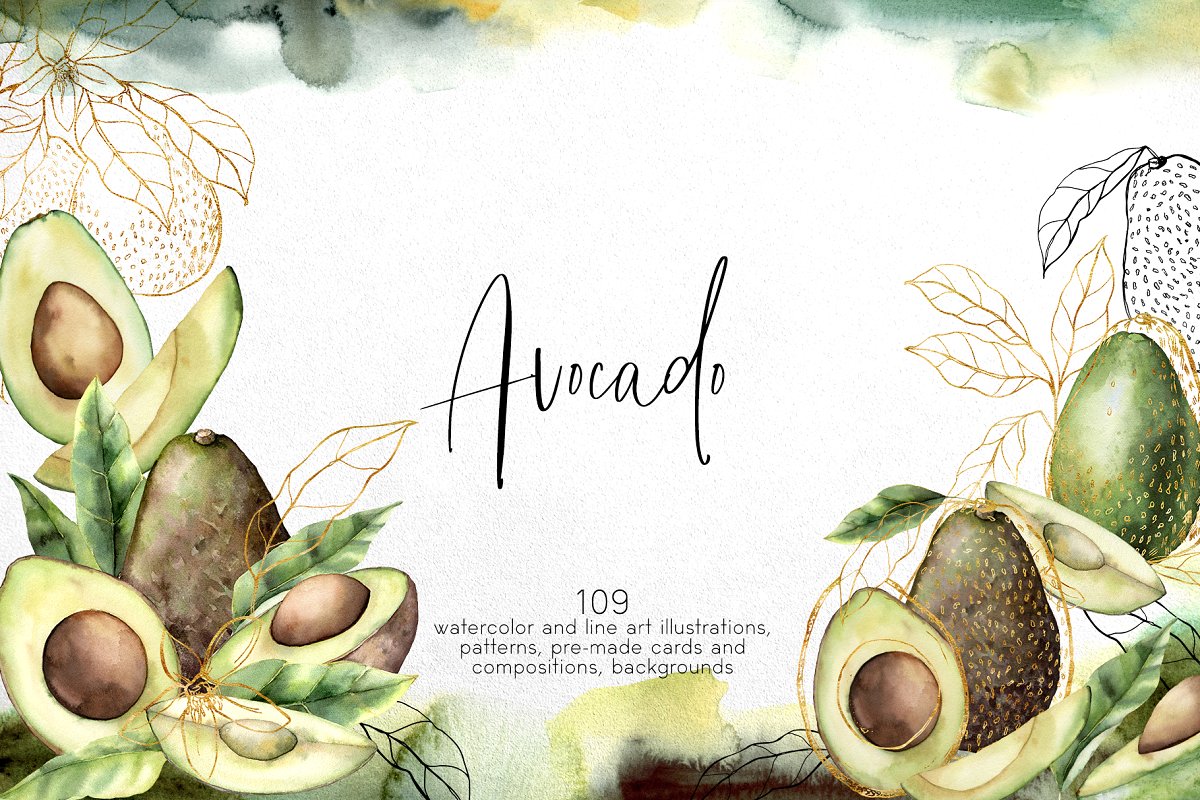 精美鳄梨手绘水彩插画合集 Avocado. Graphic Collection_img_2