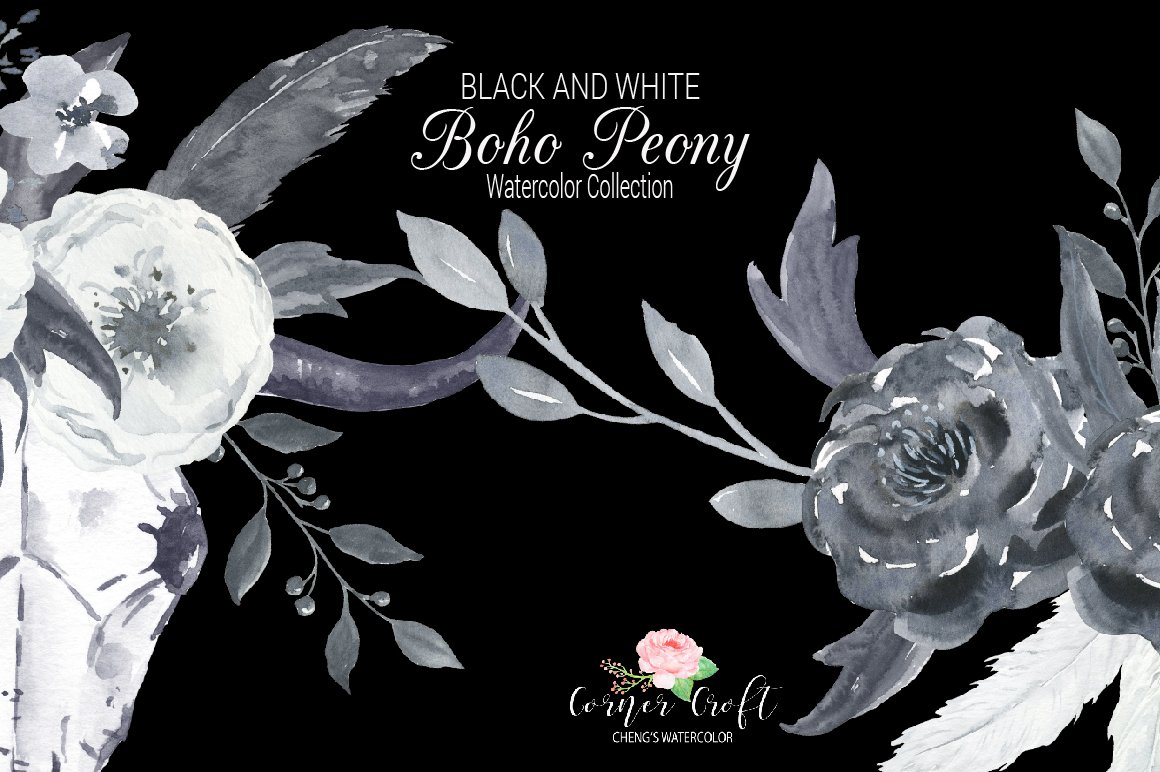 黑白波西米亚风格牡丹花元素手绘水彩插画 Watercolor Boho Peony Black & White_img_2